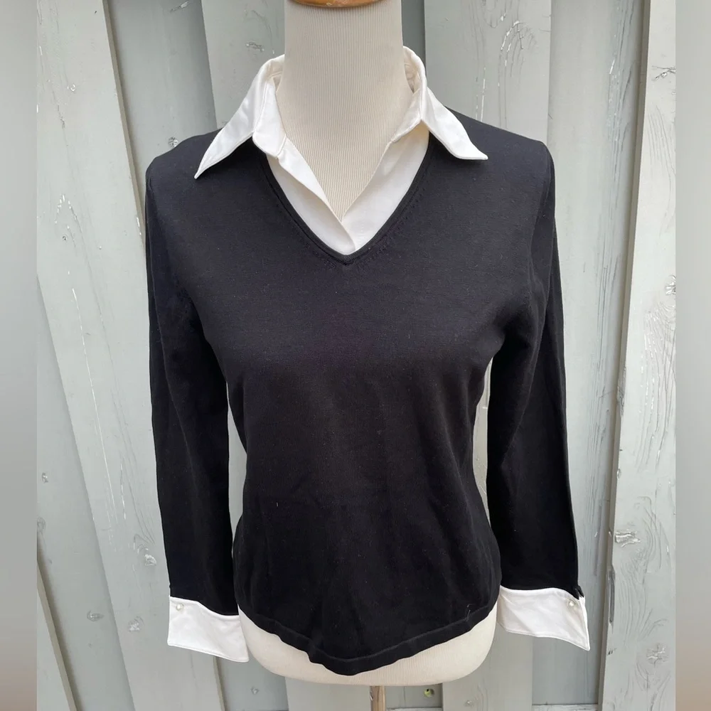 Kate Hill Black V-Neck Silk Blend Knit Sweater Shirt size M - Picture 7 of 7